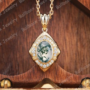 Pingente de ágata musgo natural, colar de ouro maciço 14k, pingente de moissanita com pedra de nascimento de ágata aquática exclusiva, colar com pingente de aniversário para esposa