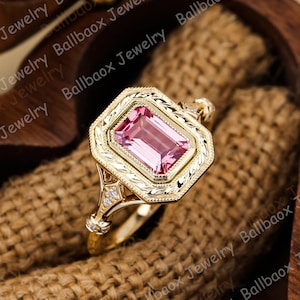 Art Deco Pink Sapphire Solid Yellow Gold Engagement Rings For Women Gemstone Bridal Promise Ring Wedding Proposal Ring Anniversary Ring Gift