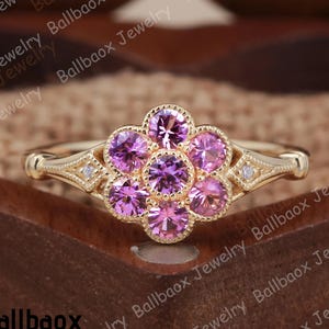 Round Cut Pink Sapphire Engagement Ring Solid 14K Yellow Gold Promise Ring Natural Diamond Ring Anniversary Gifts Unique Flower Promise Ring