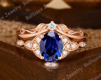 Oval Shape Blue Sapphire Engagement Ring Sets Solid Gold Ring Nature Inspired Leaf Ring Twig Wedding Band Moissanite Cluster Bridal Set