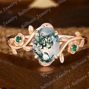 Oval shape Natural Moss Agate engagement ring Nature inspired leaf wedding ring Emerald ring Solid gold bridal ring Anniversary gifts