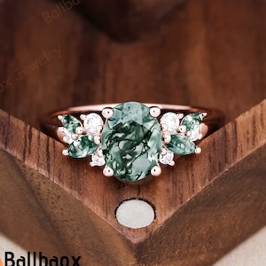 Oval Cut Natural Moss Agate Engagement Ring 925 Sterling Silver Cluster Promise Ring Marquise Moss Agate Moissanite Wedding Rings For Women