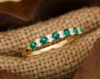 Lab Green Emerald Ring, Moissanite Half Eternity Band