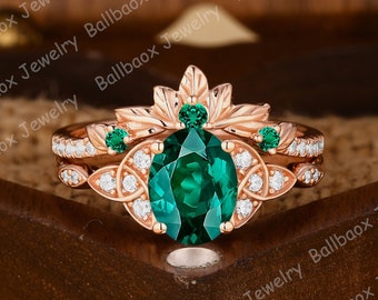 Anello di fidanzamento con smeraldo verde Imposta Moissanite Cluster Fede nuziale Anello in oro rosa massiccio Anello a foglia Anello con pietra preziosa verde di forma ovale Anello ramoscello