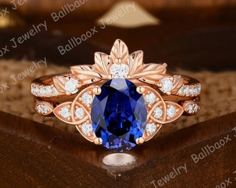 Unieke blauwe saffier bruidssets natuurlijk geïnspireerde bladring set takje ring jubileumcadeau Moissanite cluster trouwring massief gouden ring