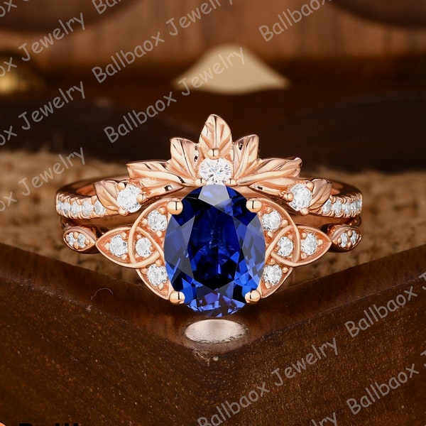 Unique Blue Sapphire Bridal Sets Natural Inspired Leaf Ring Set Twig Ring Anniversary Gift Moissanite Cluster Wedding Band Solid Gold Ring