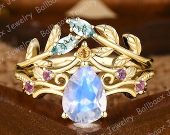 ソリッドゴールド ムーンストーン リング セット | カスタム バース