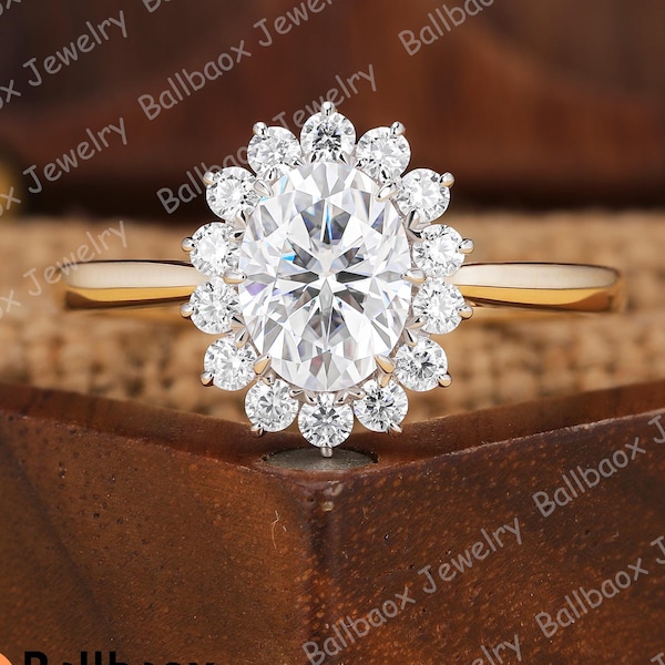 Oval cut moissanite bridal ring Solid two tone gold engagement ring Vintage Halo ring Anniversary gift Promise ring Moissanite cluster ring