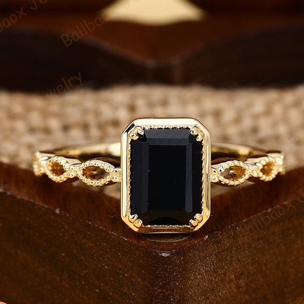 Emerald Cut Natural Black Onyx Rings For Women Vintage Solid 14K Yellow Gold Wedding Ring Art Deco Engagement Ring Anniversary Promise Ring