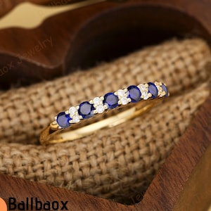 Blue Sapphire Gemstone Ring14K Yellow Gold Moissanite Wedding Band For Women Bridal Ring Matching Band Anniversary Gift Half Eternity Band