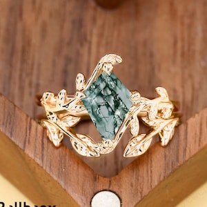 Pierścionek zaręczynowy z agatu Kite Moss Pierścionek zaręczynowy w stylu art deco z liścia 14k 18k żółte złoto Pierścionek inspirowany naturą w stylu vintage Niepowtarzalne prezenty rocznicowe