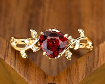 Heart Shape Natural Garnet Engagement Ring Solid Yellow Gold Ring Branches Leaf Nature Inspired Ring For Women Bridal Ring Anniversary Gift