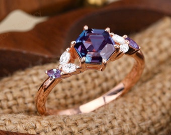 Solid 18k Rose Gold Alexandrite Ring Engagement Ring For Women Hexagon Cut 925 Sterling Silver Ring Alexandrite Ring Promise Gift for her