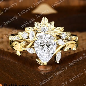 Pear cut moissanite engagement ring set Nature inspired leaf ring sets Twig wedding ring set Solid gold bridal sets for her Anniversary gift