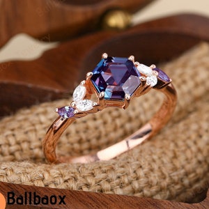 Solid 18k Rose Gold Alexandrite Ring Engagement Ring For Women Hexagon Cut 925 Sterling Silver Ring Alexandrite Ring Promise Gift for her