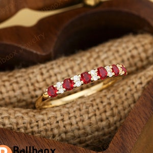Lab Red Ruby Gemstone Ring 14K Gold Wedding Band Anniversary Ring Matching Band Half Eternity Ring Moissanite Promise Ring Stacking Ring
