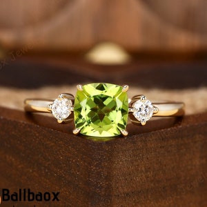 Natural Peridot Solid 14K Yellow Gold Engagement Rings For Women Gemstone Bridal Promise Ring Wedding Proposal Ring Anniversary Ring Gift