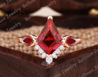 Kite Cut Red Ruby Gold Ring Three Stone Ring Gemstone Wedding Engagement Ring For Women Silver Anniversary Band Promise Ring Moissanite Ring