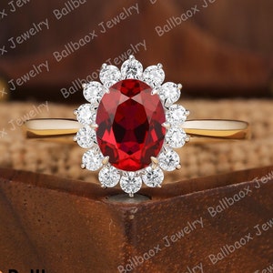 Red ruby engagement ring Moissanite halo ring Solid two tone gold bridal ring Anniversary gift July birthstone ring Vintage handmade ring