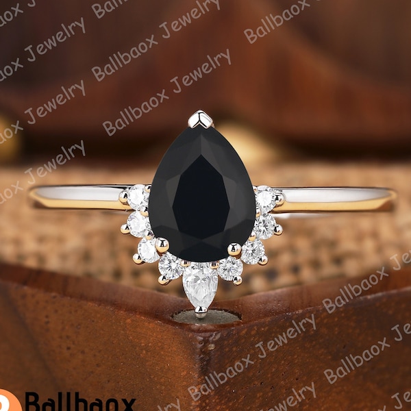 Vintage bague de fiançailles en onyx noir naturel taille poire, pierre précieuse noire, bague de mariée en grappe de moissanite, cadeaux d'anniversaire, bague faite main