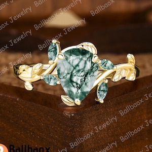 Unique Leaf Ring Teardrop Shape Natural Moss Agate Engagement Ring Dainty Ring Twig Ring Solid Rose Gold Ring Anniversary Gifts For Her
