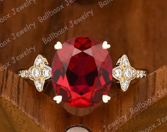 Oval Lab Ruby Engagement Ring, 14K Yellow Gold Flower Cluster
