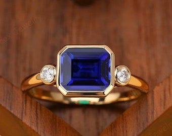 Emerald Cut Blue Sapphire Ring Solid 14K Yellow Gold Wedding Ring Blue Gemstone Anniversary Ring Three Stone Dainty Ring Handmade Ring
