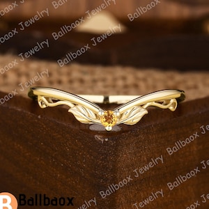 Natural Citrine Wedding Band Anniversary Gift Curved Band Art Deco Stacking Ring Solid Gold bridal Ring Nature inspired leaf wedding band