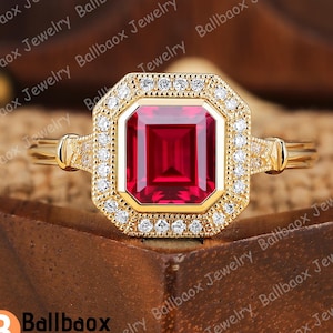 Vintage red gemstone ring Emerald shape red ruby engagement ring Solid gold bridal ring Anniversary gifts Moissanite halo ring Handmade ring