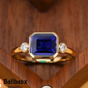 Emerald Cut Blue Sapphire Ring Solid 14K Yellow Gold Wedding Ring Blue Gemstone Anniversary Ring Three Stone Dainty Ring Handmade Ring