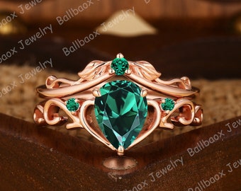 Set di anelli di fidanzamento in oro rosa massiccio con smeraldo verde a forma di goccia, regalo di anniversario, fede nuziale a foglia ispirata alla natura per la moglie