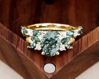 Unique Oval Cut Green Moss Agate Engagement Ring Set Art Deco 925 Sterling Silver Rings for Women Moissanite Cluster Bridal Wedding Ring Set
