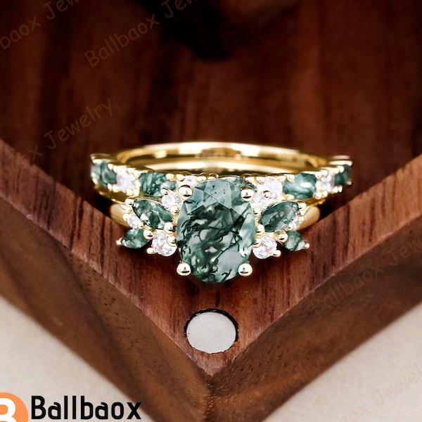 Unique Oval Cut Green Moss Agate Engagement Ring Set Art Deco 925 Sterling Silver Rings for Women Moissanite Cluster Bridal Wedding Ring Set