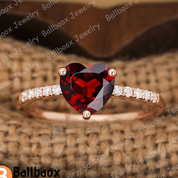 Heart Cut Nature Red Garnet 14k Solid Rose Gold Engagement Ring Elegant Moissanite Anniversary Ring Romantic Gifts Unique Red Gemstone Ring