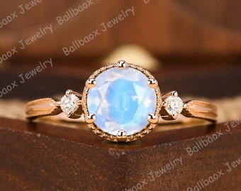 Moonstone Engagement Ring, 14K Yellow Gold, Round Cut Gemstone