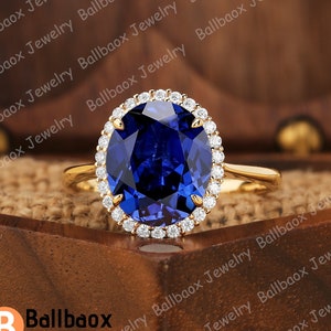 Oval Sapphire Engagement Ring Classic Halo Ring Solid Yellow Gold Ring Blue Gemstone Ring Anniversary Gift September Birthstone Promise Ring