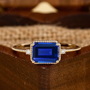 Lab Created Sapphire Solid 14K Yellow Gold Engagement Rings For Women Gemstone Bridal Promise Ring Wedding Proposal Ring Anniversary Ring