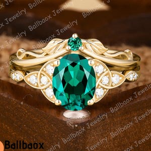 oval shape green emerald engagement ring set Unique May Birthstone wedding ring set Nature inspired leaf bridal ring Anniversary gift
