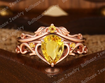 Pear Shape Natural Citrine Engagement Ring Sets Twist Ring Unique Heart Design Ring Sets Anniversary Gift Natural Inspired Leaf Ring For Her