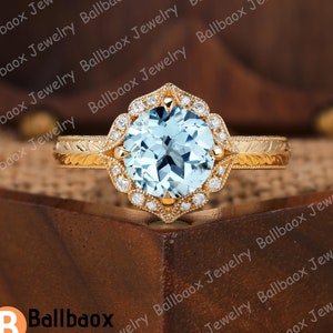 Round Shape Natural Aquamarine Engagement Ring Solid Yellow Gold Halo Ring Vintage Moissanite Bridal Ring Anniversary Gifts Handmade Ring