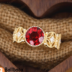 Round Cut Lab Gemaakt Ruby Engagement Ring Solid Gold Art Deco Ring Natuur Geïnspireerd Ring Voor Vrouwen Bruidsring Verjaardag Cadeau