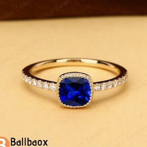 Cushion Cut Lab Blue Sapphire Engagement Ring Solid Gold Art Deco Ring For Women Bridal Ring Anniversary Gift For Her Mossianite Ring