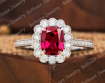 Cushion Cut Red Ruby Engagement Ring Unique Solid Gold July birthstone Red Gemstone Ring Anniversary Gifts Halo Moissanite Cluster Ring