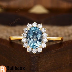 Vintage Oval Natural Aquamarine Engagement Ring 18K White Gold Promise Ring Bridal Ring Moissanite Halo Ring Art Deco Ring Anniversary Gifts