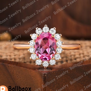 Oval Shape Pink Sapphire Engagement Ring Vintage Solid Rose Gold Promise Ring Bridal Ring Moissanite Halo Gemstone Ring Anniversary Gifts