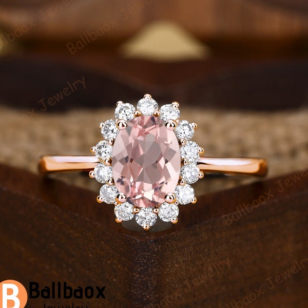 Vintage Oval Lab Pink Morganite Engagement Ring 18K White Gold Promise Ring Bridal Ring Moissanite Halo Ring Art Deco Ring Anniversary Gifts