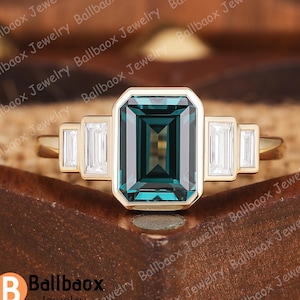 Vintage Emerald cut teal sapphire engagement ring Moissanite solid gold ring Anniversary gifts Art Deco Ring Handmade ring for women