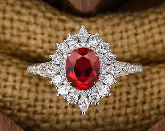 Lab Ruby Starburst Ring, Solid Gold Engagement Ring