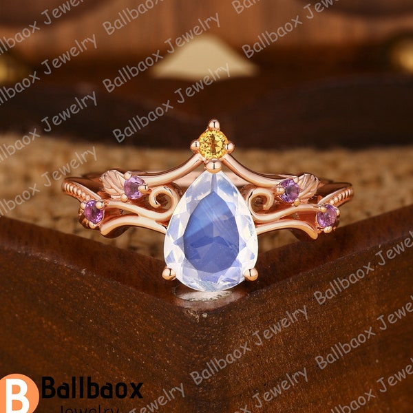 Unique Heart Shape Design Ring Natural Moonstone Engagement Ring Leaf Ring Natural Amethyst & Citrine Cluster Ring Anniversary Gifts