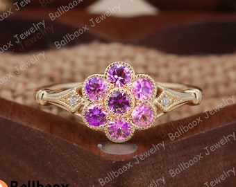 Anillo de compromiso de zafiro rosa de corte redondo sólido anillo de promesa de oro amarillo de 14K anillo de diamantes naturales regalos de aniversario anillo de promesa de flor único
